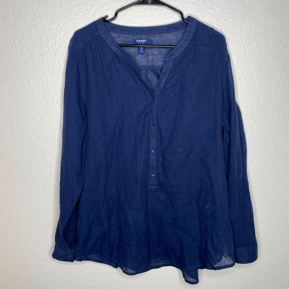 Old Navy womens blue long sleeve linen blend top popover relaxed coastal XL